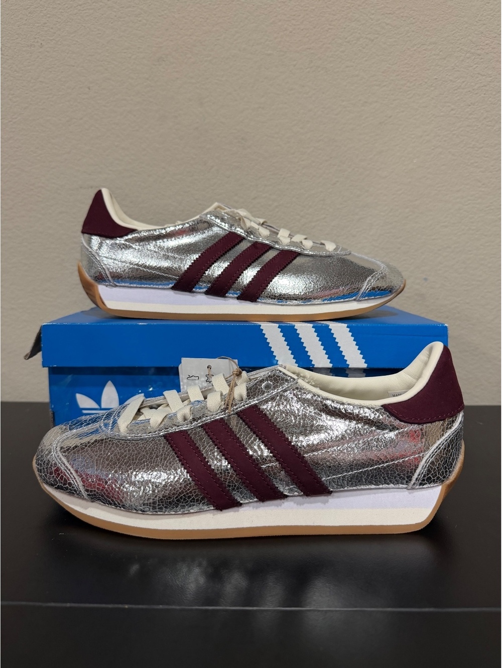 Size 6 - Adidas Women’s Country OG “Silver Metallic Maroon”